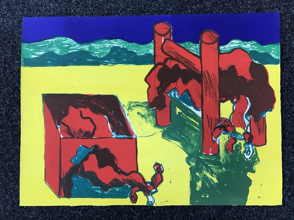 JAN SIERHUIS originele zeefdruk , landschap met rode doos en stoel1971 verkocht voor € 50!