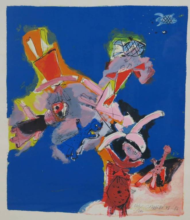 Corneille: Litho, Figuurtjes blauw - Ingelijst verkocht voor € 330!
