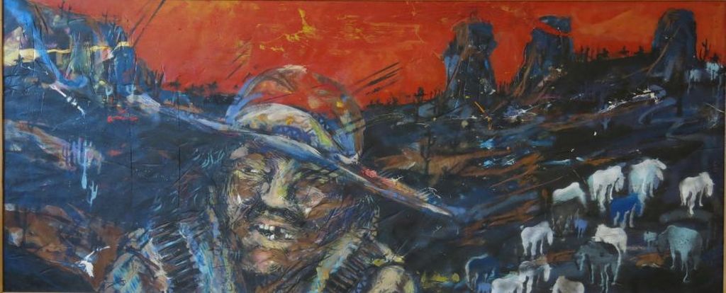 Espen Hagen: Acryl en spuitbus op paneel, Cowboy - Ingelijst (Zeer groot!) verkocht voor € 600!