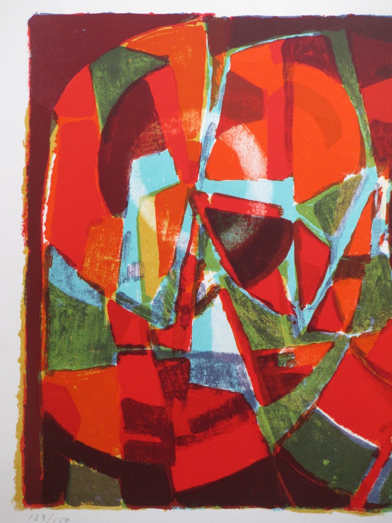 Onbekend, Kleurrijke abstracte compositie, Kleurenlitho kopen? Bied vanaf 1!