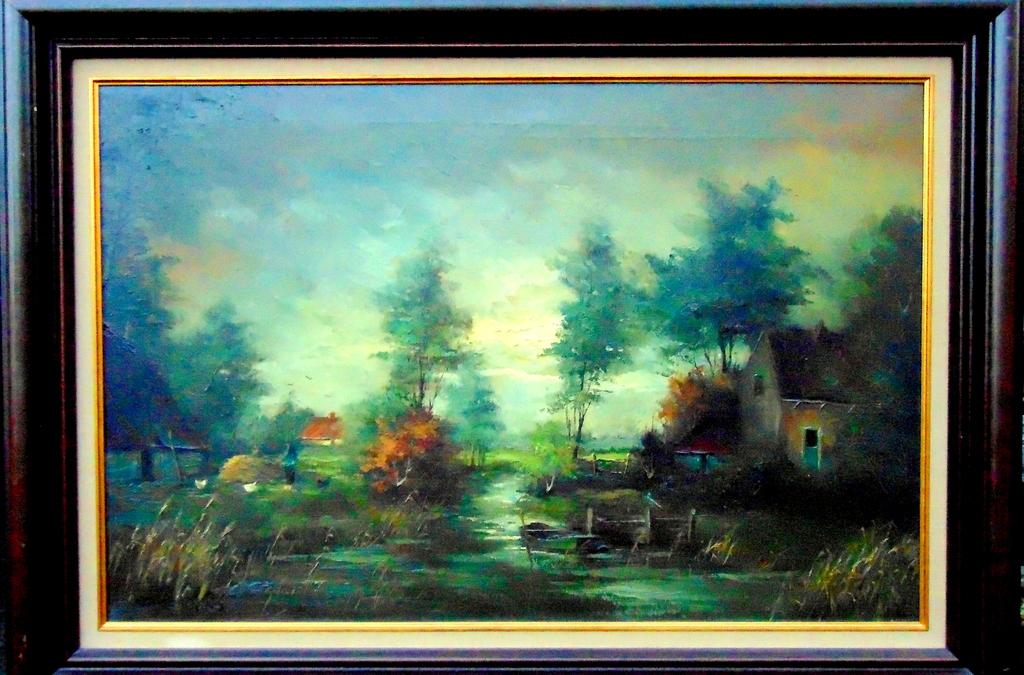 Landschap met boerderijtjes en boer van G J Ernens, olieverf op doek kopen? Bied vanaf 50!