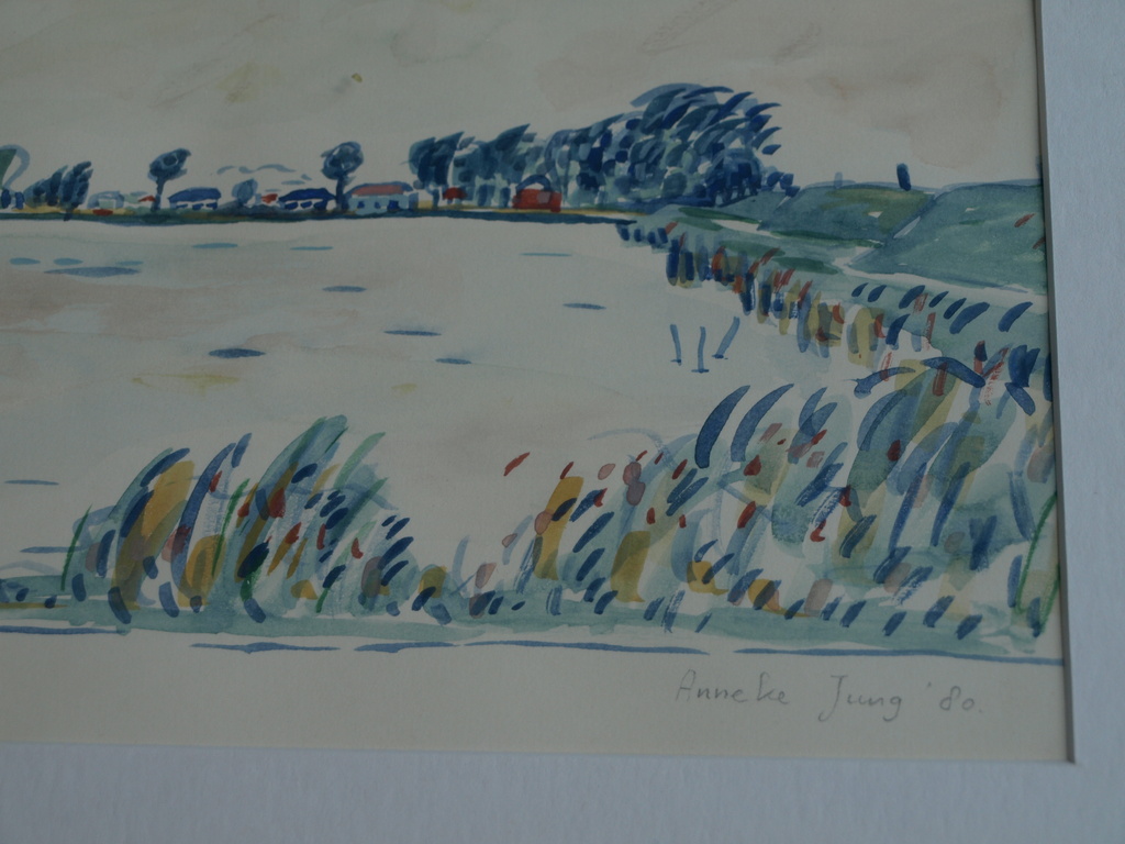 Anneke (Anne) Jung : Aquarel – Langs het IJsselmeer –gesigneerd & ingelijst–1980 kopen? Bied vanaf 1!