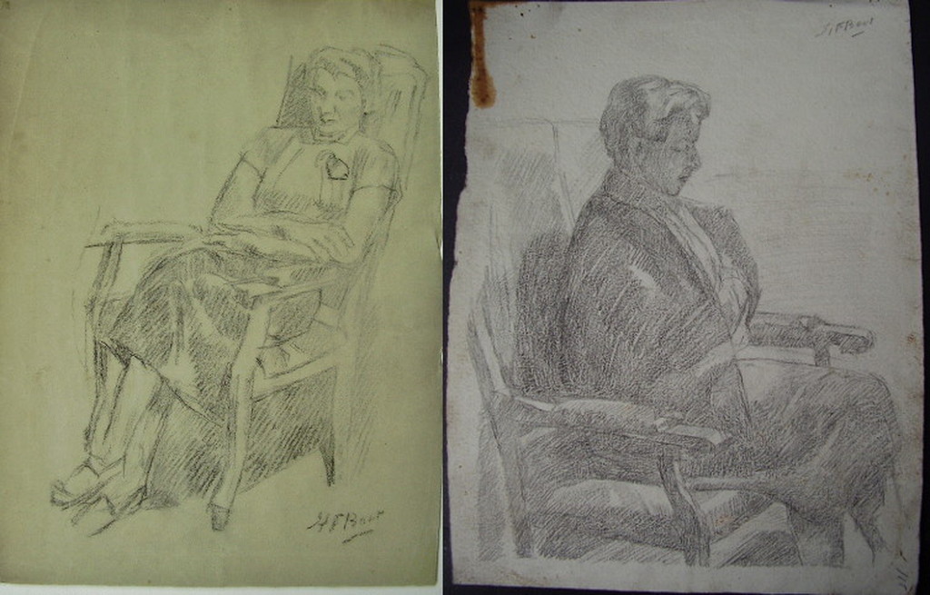 HENRI FRÉDERIC BOOT twee tekeningen "Dame op stoel" 1910-1930 verkocht voor € 40!