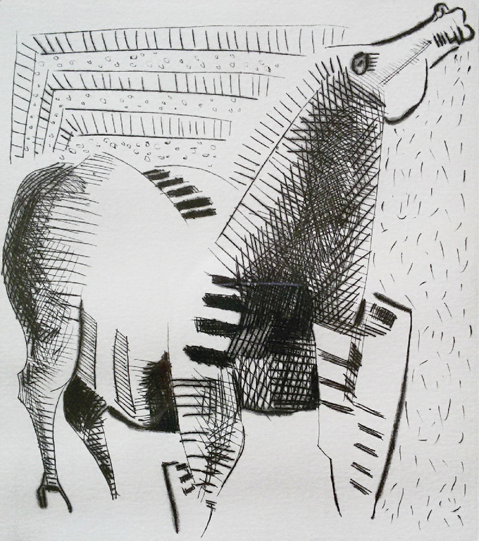 Kubistisch-achtig paard, ets (ingelijst) verkocht voor € 35!