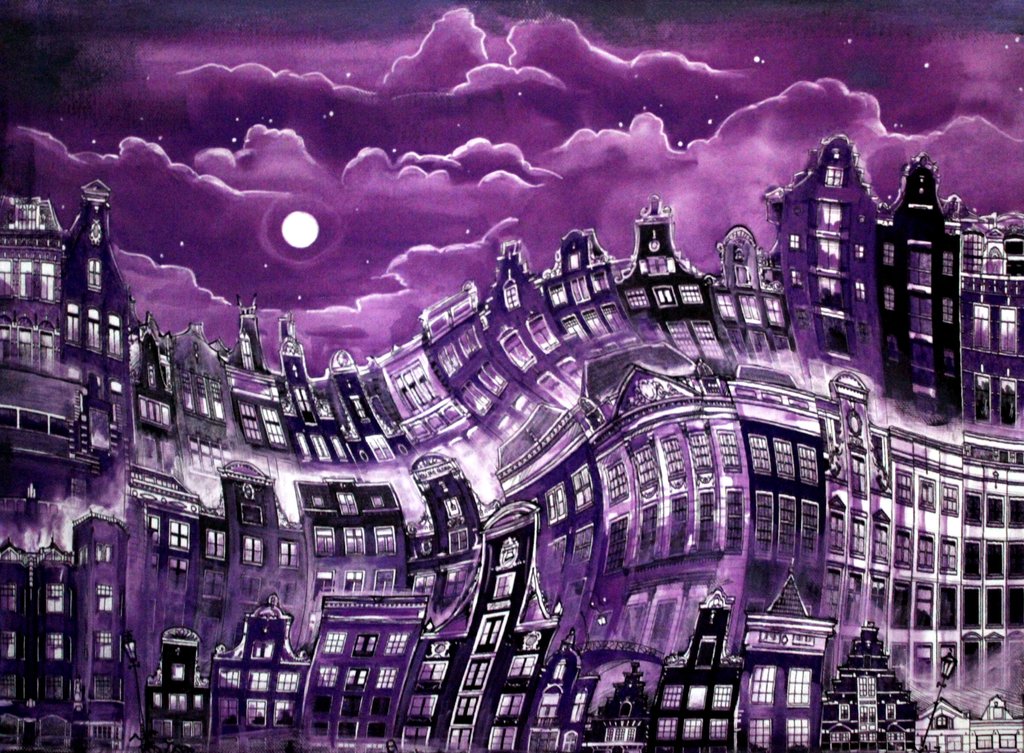Elena Polyakova: Acrylverf ,  Amsterdamse nacht kopen? Bied vanaf 75!