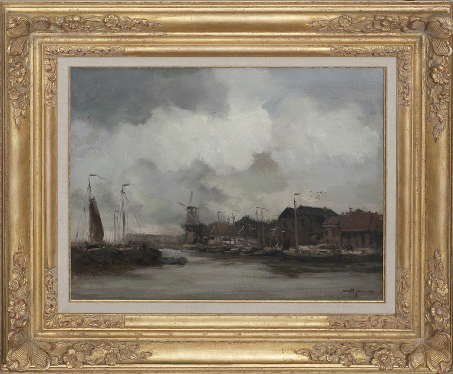 W.G.F. Jansen, Riviergezicht met molen, olieverf op doek, gesigneerd verkocht voor € 1500!