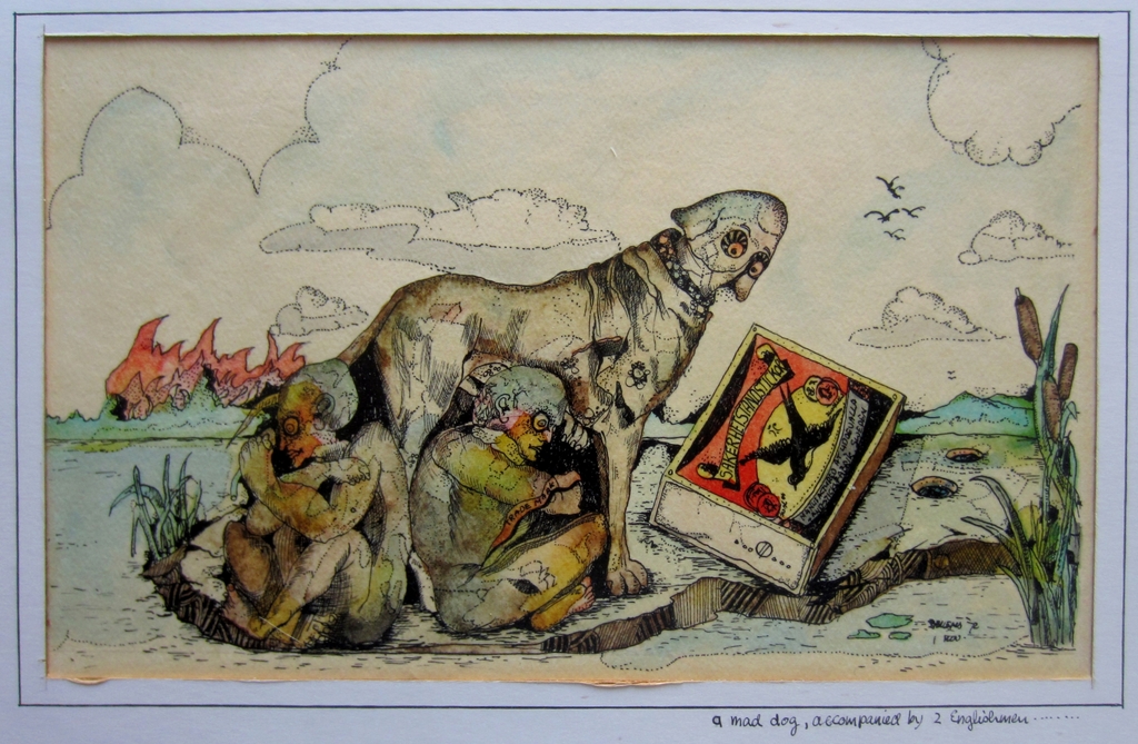 Jan Bruens (1942) - surrealistisch 1972 - A mad dog accompanied by 2 Englishmen kopen? Bied vanaf 1!