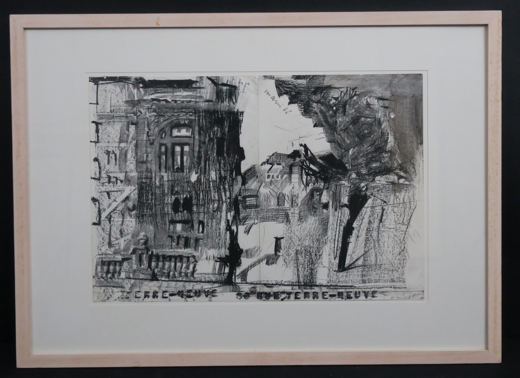 Wolfgang Schmitz: Houtskool op papier, Rue Terre Neuve - Ingelijst verkocht voor € 100!