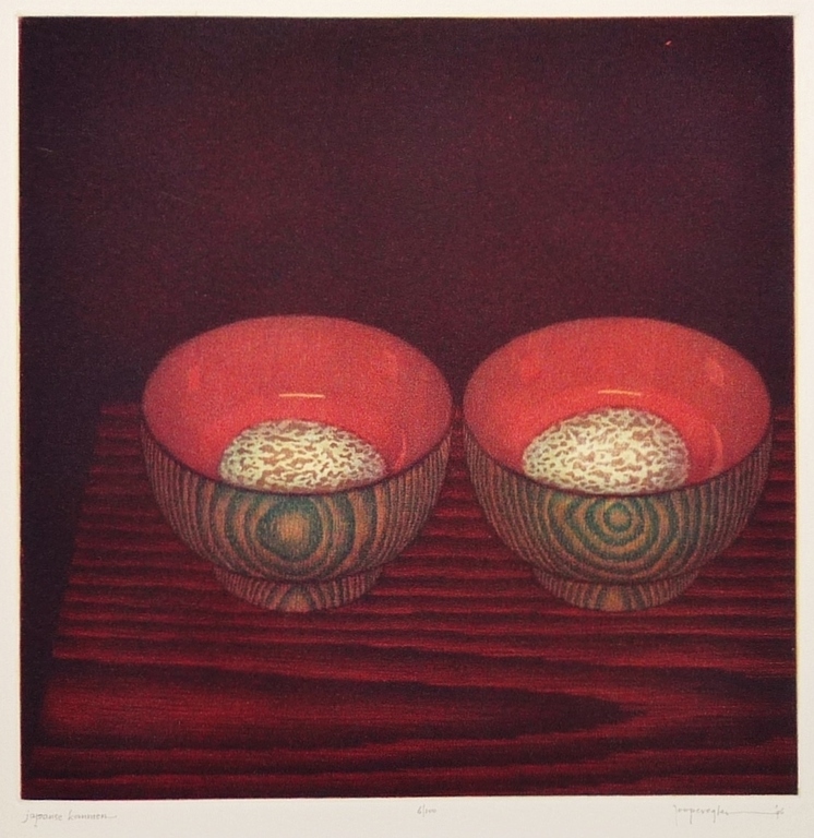 Joop Vegter: Kleurenets, Japanse kommen met eieren, Gesigneerd, 1996 kopen? Bied vanaf 100!