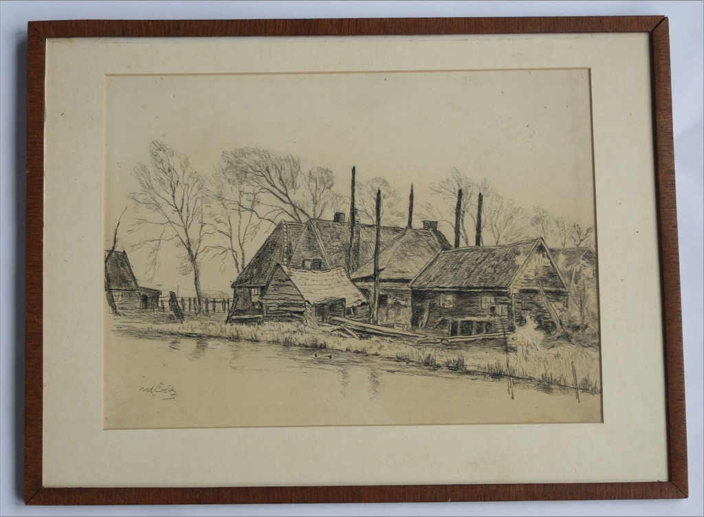 Willem v.d. Colk, potloodtekening, boerderij langs de waterkant kopen? Bied vanaf 1!