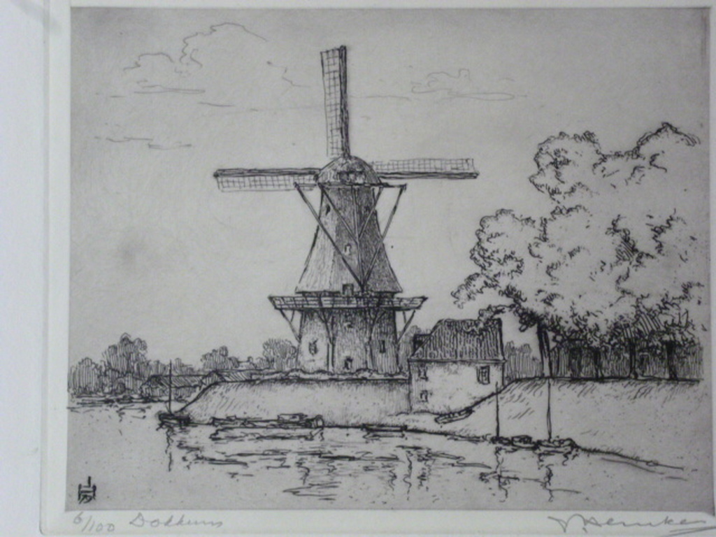 Johan Hemkes - ets - Molen te Dokkum verkocht voor € 40!