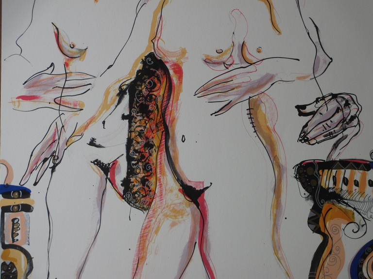 Jan Voss, Drie naakte dames, Handgekleurde litho kopen? Bied vanaf 50!