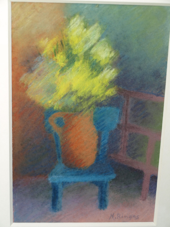 Nicole Ringes – Pastel – Le pot de genêts - Gesigneerd - Ingelijst – 24 x 31 cm verkocht voor € 35!