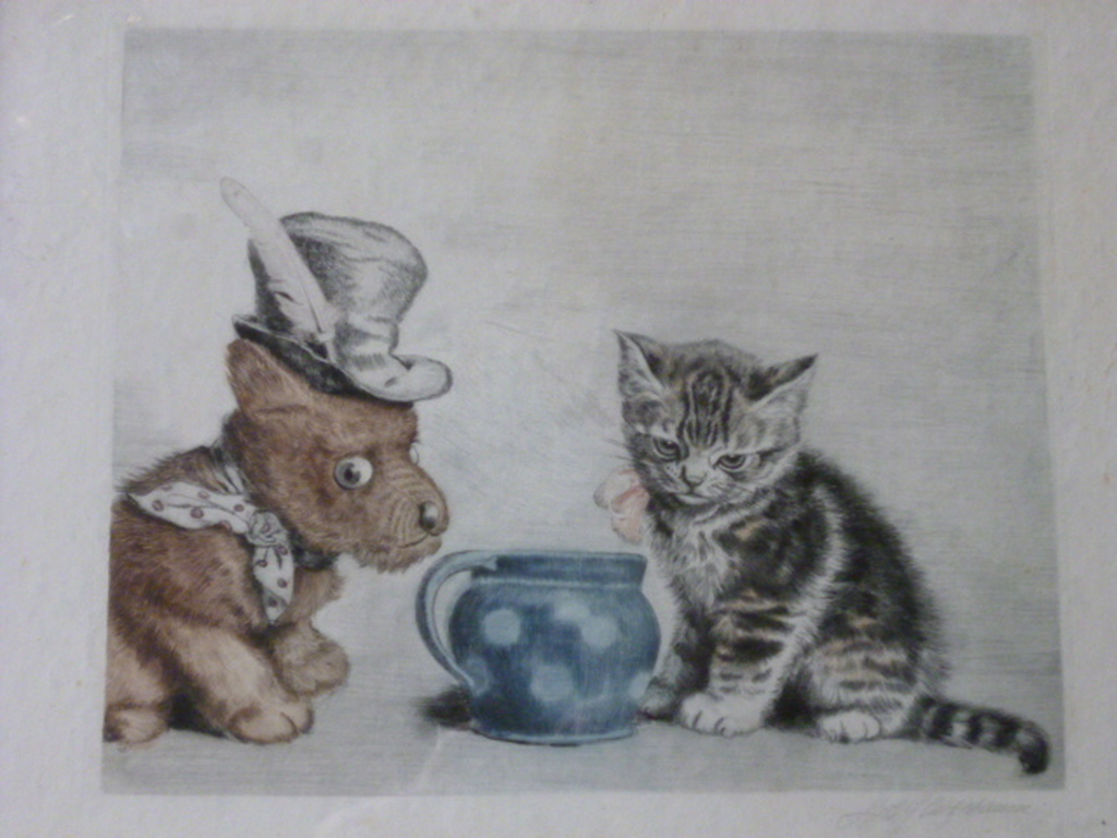 Meta Plückebaum - kleurenets - Poesje en hondje met hoed verkocht voor € 85!