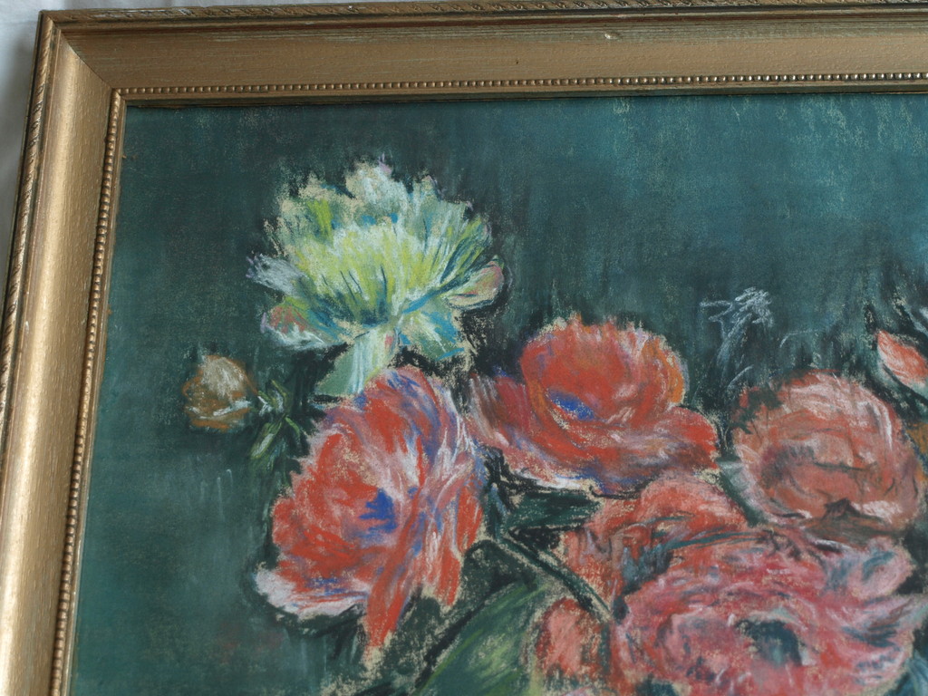 Onduidelijke signatuur : Pasteltekening , Bloemstilleven – ingelijst  kopen? Bied vanaf 1!