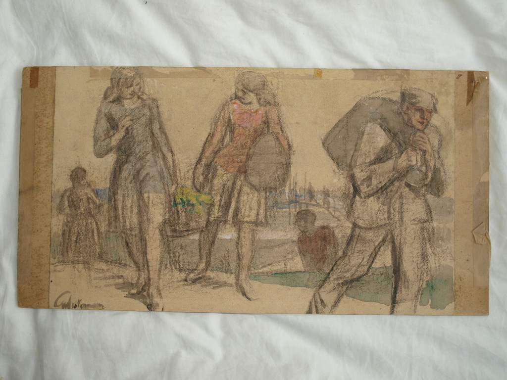 Onduidelijke signatuur: 2x Aquarel / tekening – “Paarden” en “Meisjes” - Oud kopen? Bied vanaf 1!