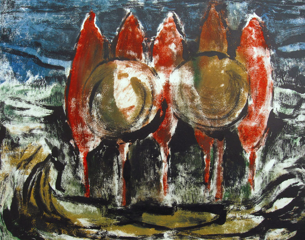 LAATSTE KANS! Irene Joffroy - Rode bomen in landschap - olieverf/monotype kopen? Bied vanaf 50!