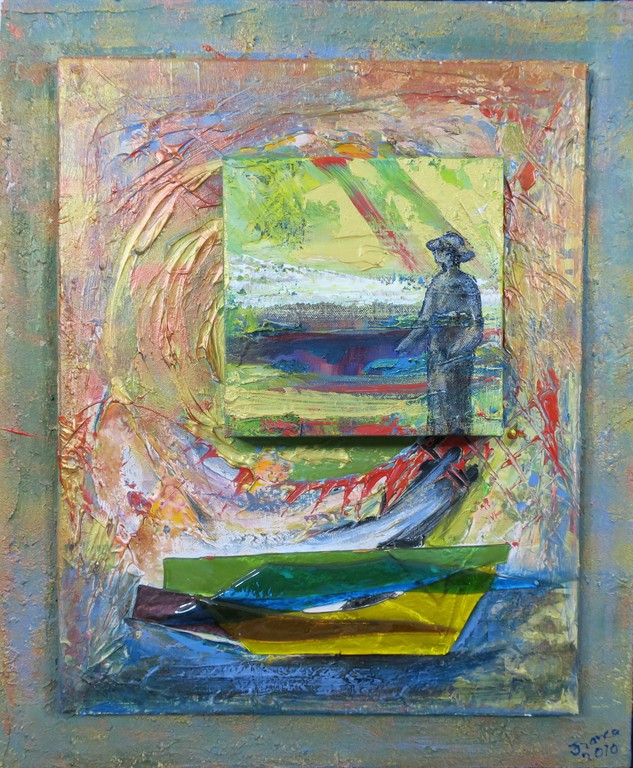 Franca Muller Jabusch: Gemengde techniek op 3 canvassen in 1, De Zee verkocht voor € 250!