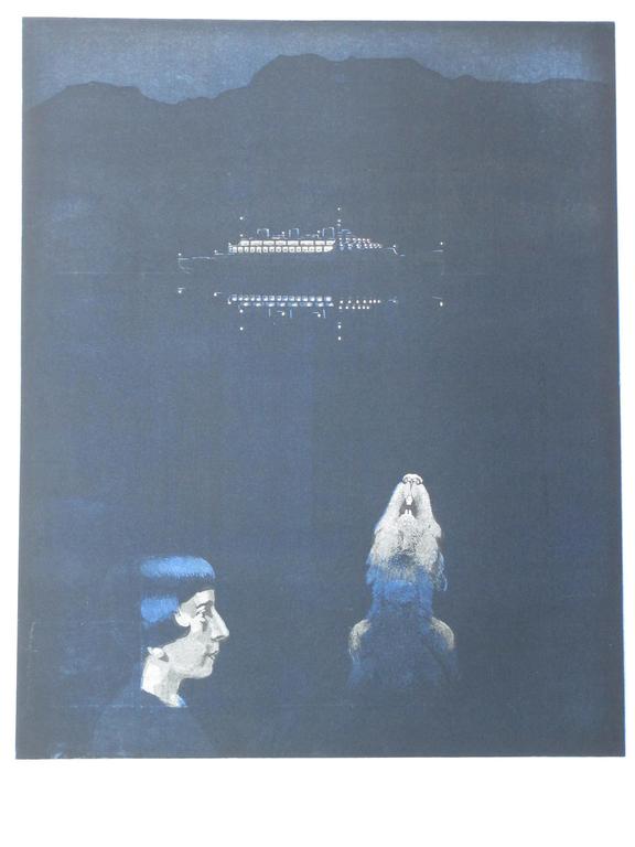 Peter Bes, Wolfsgehuil en veerboot bij nacht, Kleurets verkocht voor € 60!