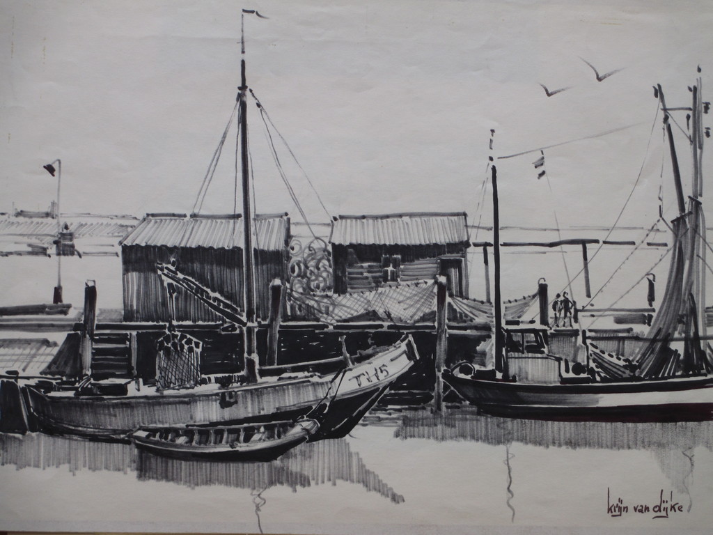 Krijn van Dijke, In de haven van Tholen, Krijttekening verkocht voor € 40!