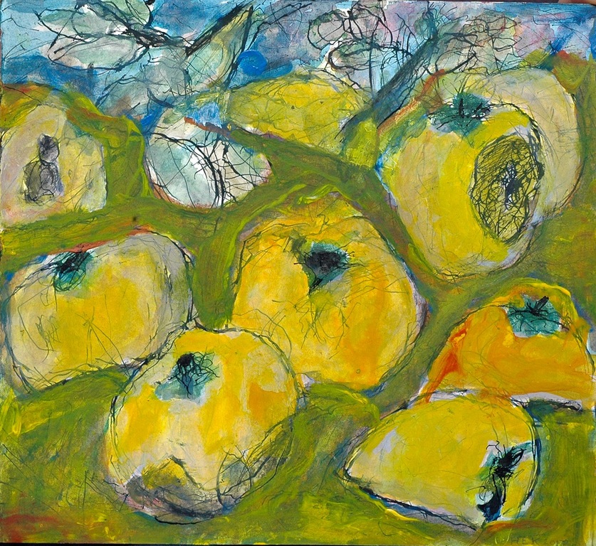 Hans Ebeling Koning, inkt en acrylverf, kweeperen in het gras verkocht voor € 60!