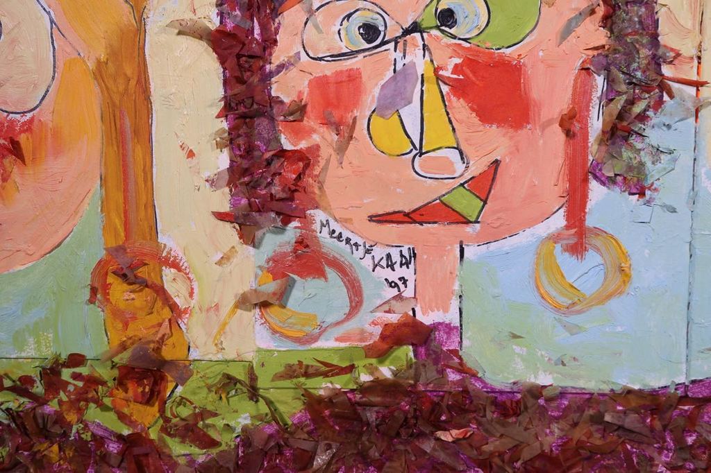 Meertje Kaal: Olieverf en collage op papier, De uitgebuite... - Ingelijst (Groot kopen? Bied vanaf 1!