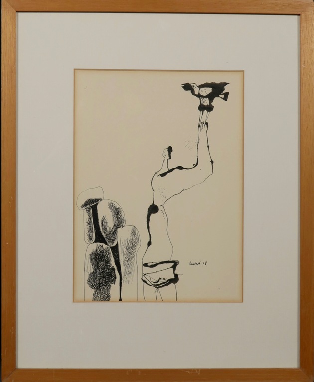 Lucebert: Inkttekening, Man met vogel - Ingelijst kopen? Bied vanaf 450!