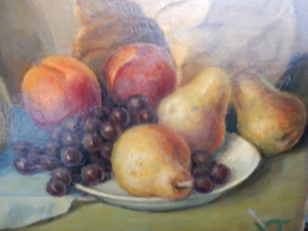 onbekende schilder,olieverf op plaat,stilleven met fruit en zakjes kopen? Bied vanaf 125!