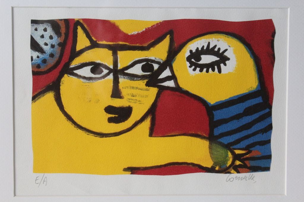 Corneille, Zeefdruk le chat et l'Oiseau. Ingekaderd, handgesigneerd   EA exmpl. kopen? Bied vanaf 165!