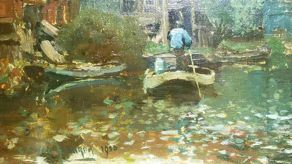 G. F. van Schagen - Dorpsgezicht met boten, olieverf op doek (mooi ingelijst) kopen? Bied vanaf 395!