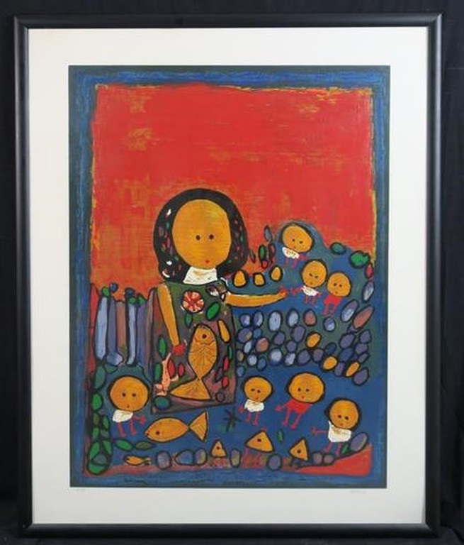 Giovanni Vetere: Zeefdruk, Vrouw met kinderen en vissen - Ingelijst (Groot) verkocht voor € 180!