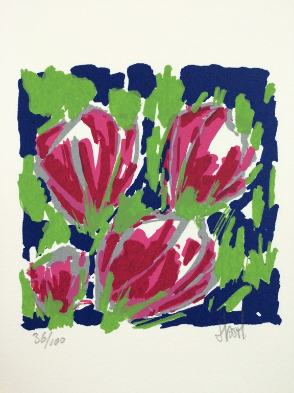 Ad van Hassel, zeefdruk op papier, titel: Tulpen kopen? Bied vanaf 1!