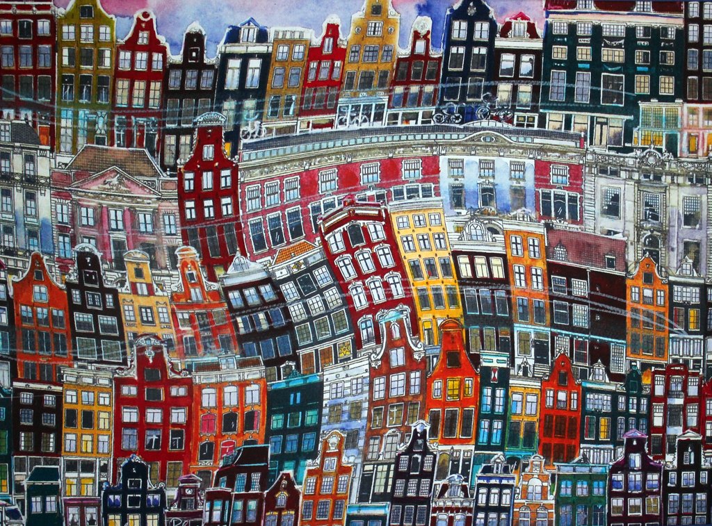 Elena Polyakova: Amsterdamse huizen, Gemengde techniek verkocht voor € 95!