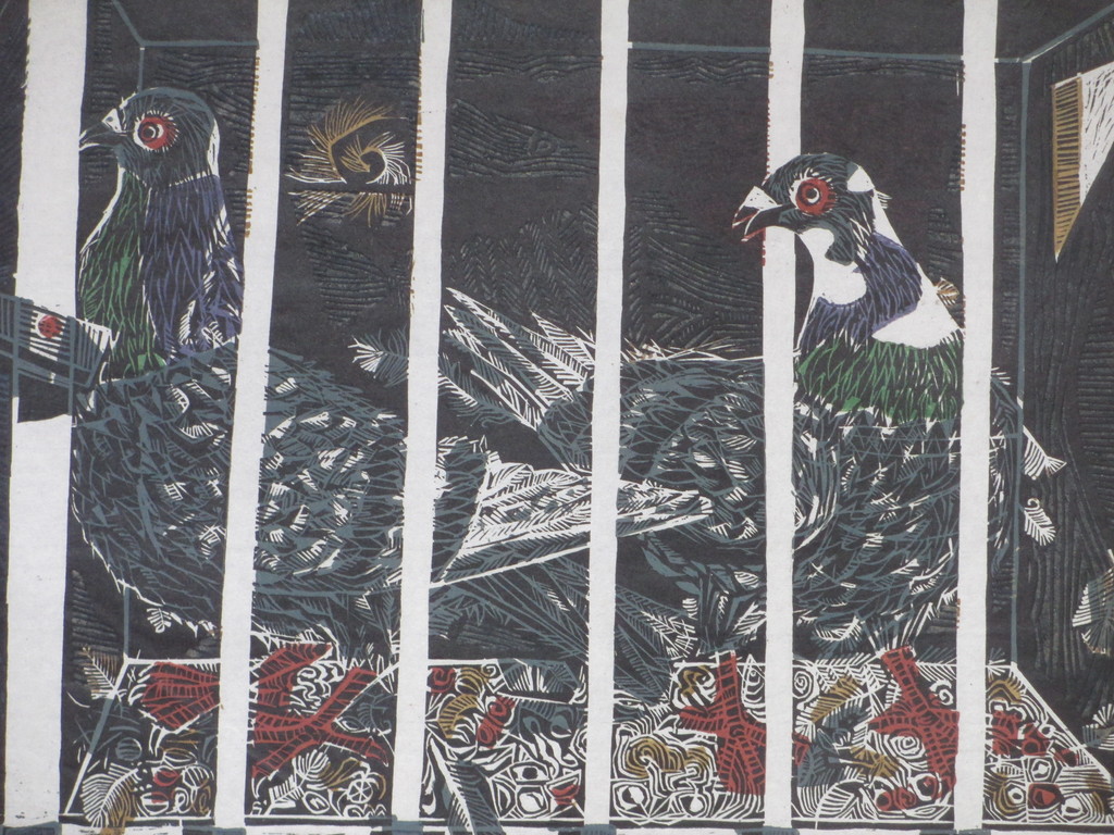 Toon Wegner, Duiven in het hok, Kleurhoutsnede kopen? Bied vanaf 35!