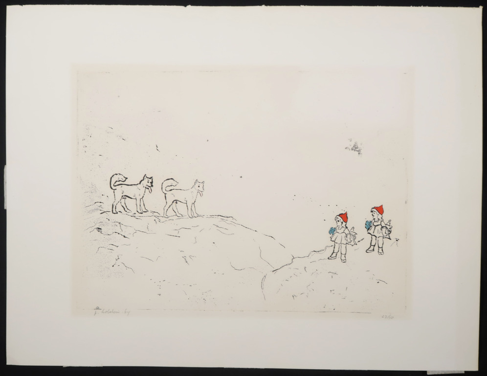 Pieter Holstein: Handgekleurde Ets, Z.T. twee meisjes met rode mutsjes kopen? Bied vanaf 50!