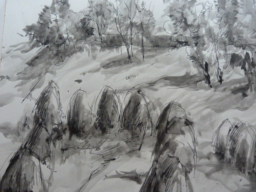 Jobst Heinrich Frese ( 1914 - 1986 ) - tekening/aquarel - hooimijten. kopen? Bied vanaf 1!