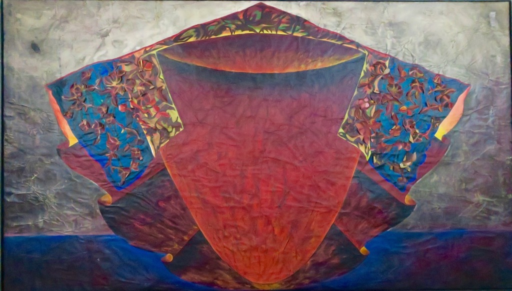 Karen Kiene: Acryl en collage op doek, Mantel - Ingelijst (zeer groot) verkocht voor € 150!