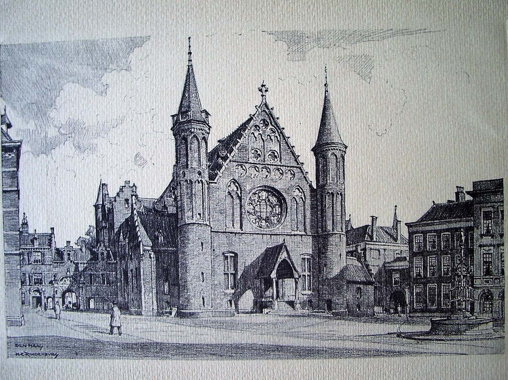 Hendrikus Roodenburg: pracht ets, Binnenhof anno 1930, signering in de plaat kopen? Bied vanaf 1!