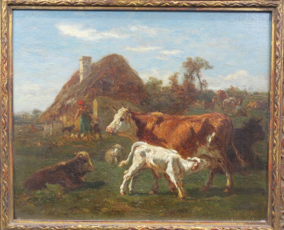 Emile van Marcke de Lummen: Olieverf op paneel, Boerderij met vee - Ingelijst kopen? Bied vanaf 400!