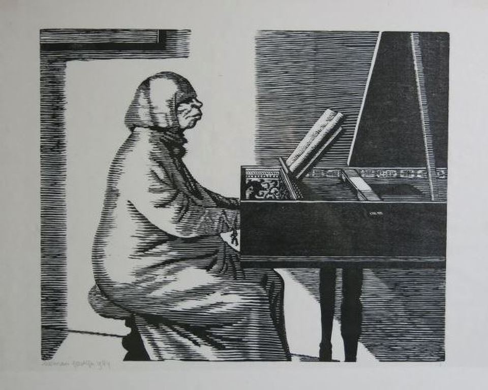 Herman Gordijn: Houtsnede, Vrouw speelt Klavecimbel verkocht voor € 100!