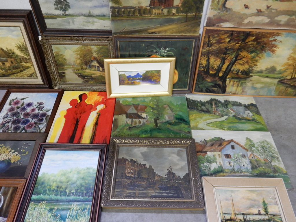 Oud olieverfschilderij boerderij met kippen - daarbij 19 stuks - gesigneerd kopen? Bied vanaf 1!