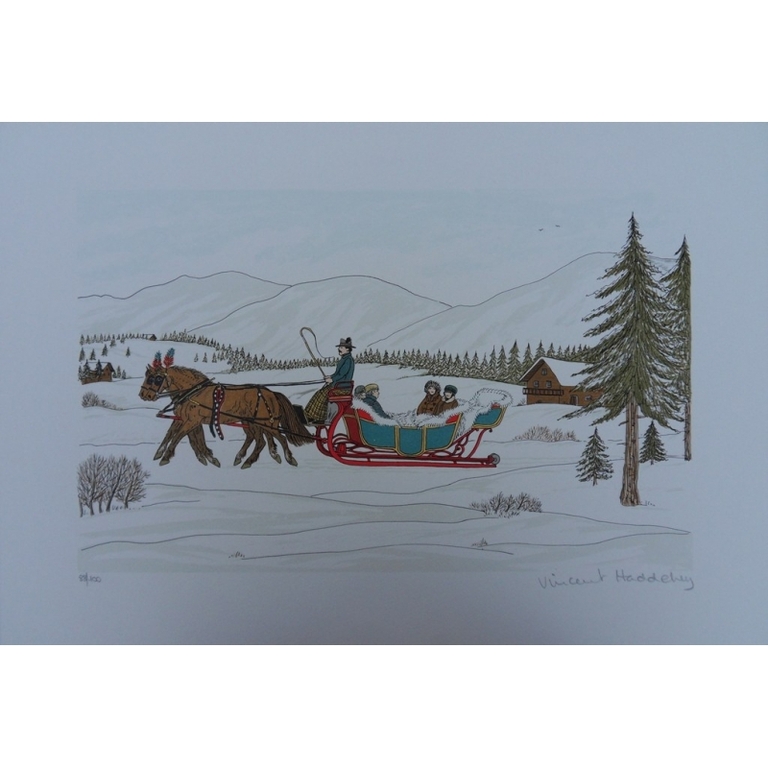 VINCENT HADDELSEY(1934-2010)  THE SLEDGE-RIDE  Litho  Handgesigneerd kopen? Bied vanaf 1!