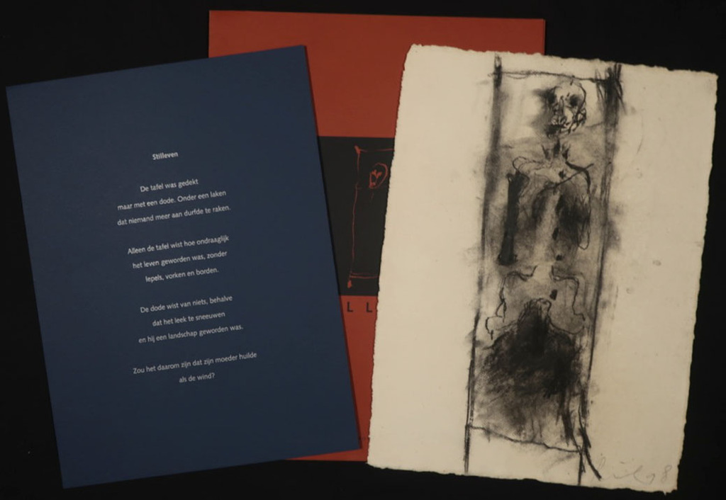 Rik van Iersel: Houtskooltekening, Stilleven + Gedicht Harry Mesterom verkocht voor € 150!