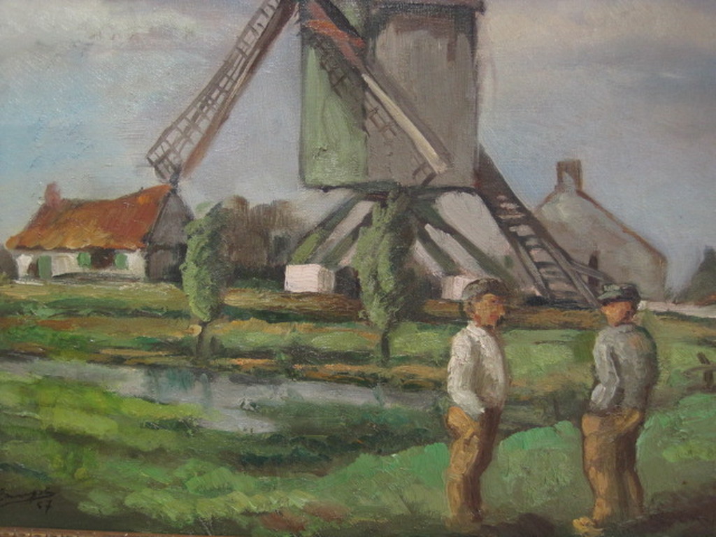 onduid gesigneerd olieverf "boeren bij molen in polderlandschap" kopen? Bied vanaf 1!