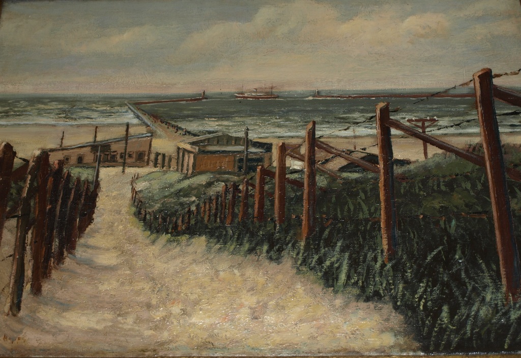 Onduidelijke signatuur : Olieverf op canvas – IJmuiden met pier– Ingelijst–1936  kopen? Bied vanaf 1!