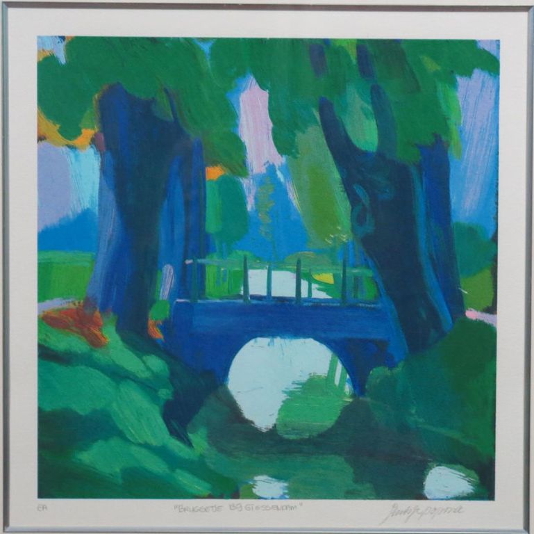 Jentsje Popma: Zeefdruk, Bruggetje bij Giessendam -Ingelijst kopen? Bied vanaf 40!