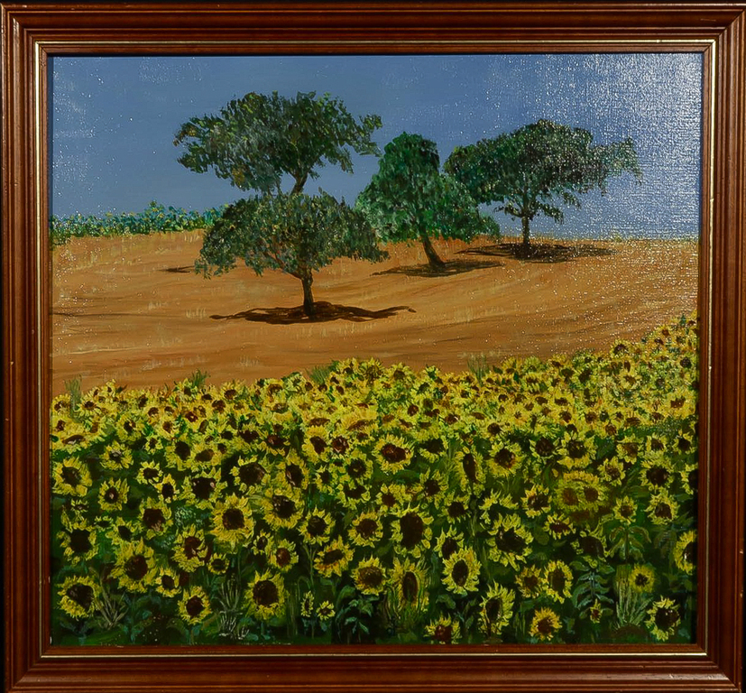Herman Lievers: Olieverf op doek, Zonnebloemen - Ingelijst verkocht voor € 35!
