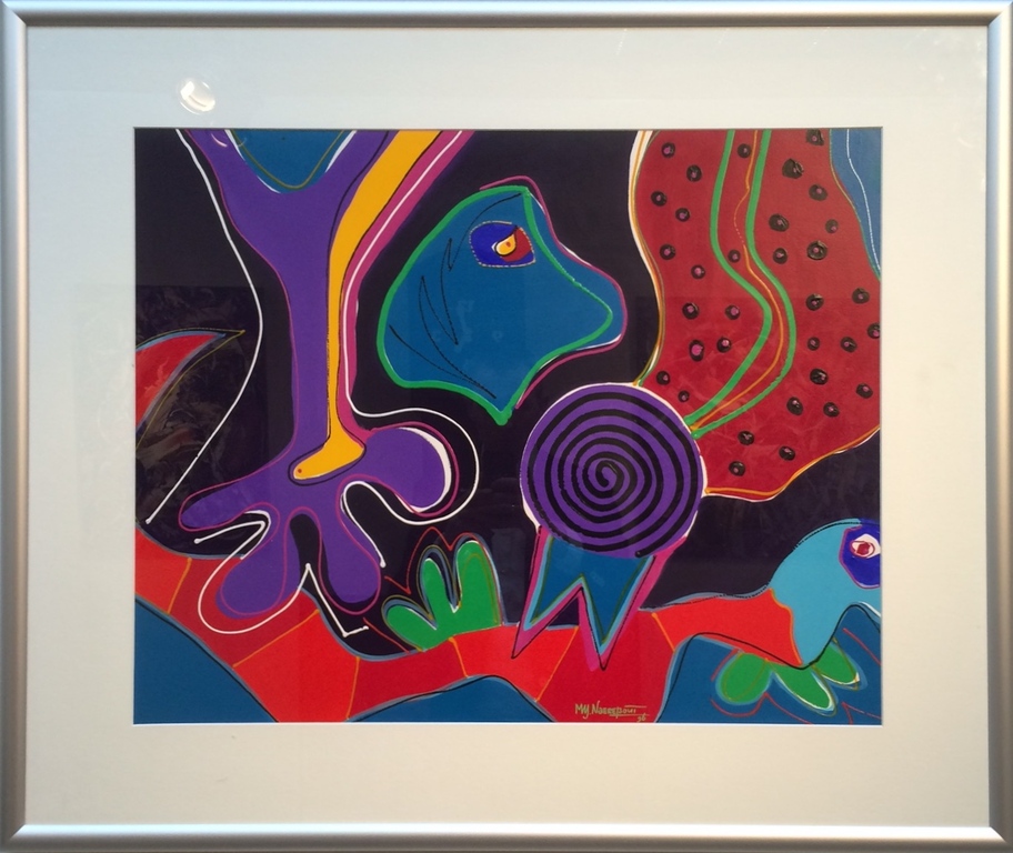 Marianne Naerebout, origineel schilderij op papier " Party Animal " in lijst verkocht voor € 200!