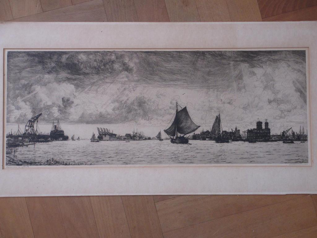 Albert Hemelman, Ets, Gezicht op de havens van Rotterdam kopen? Bied vanaf 60!