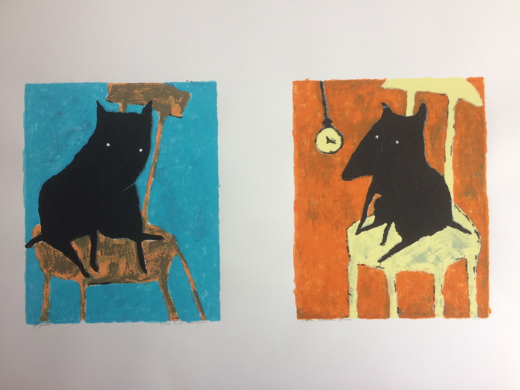 Peter Bastiaansen - Twee zwarte honden in gekleurd interieur verkocht voor € 35!